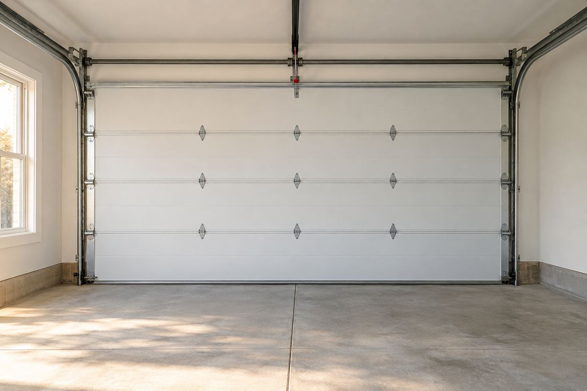 Interior of a closed white sectional garage door with tracks and hinges