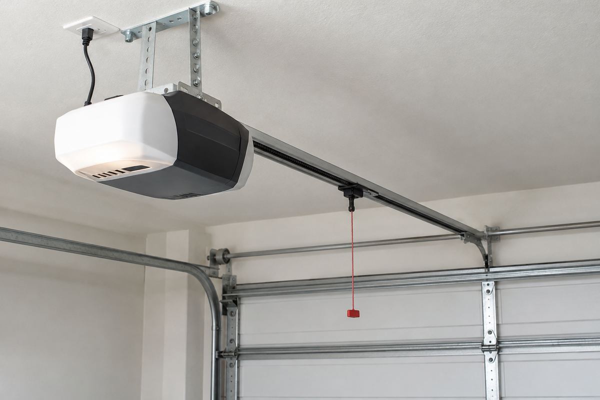 Ceiling-mounted residential garage door opener and rail