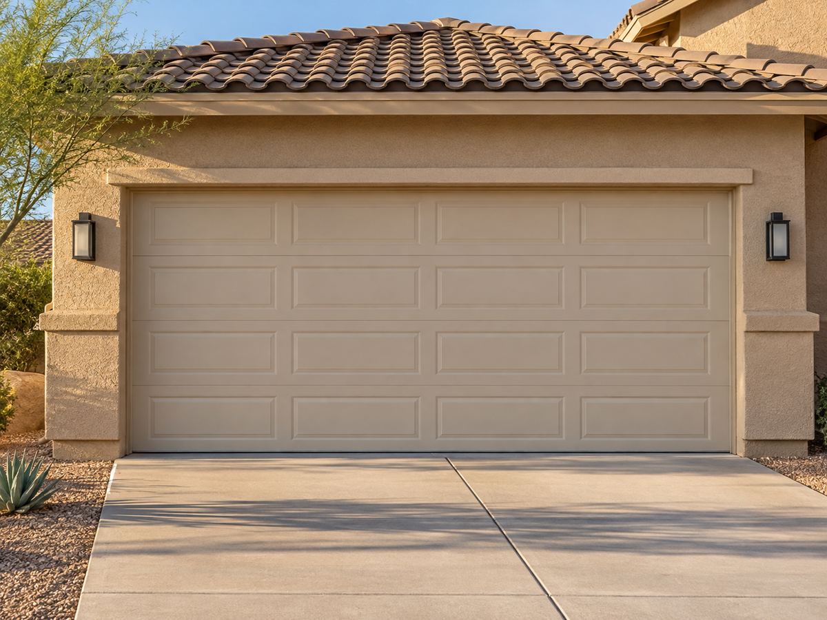 Beige sectional garage door on a desert-style stucco home